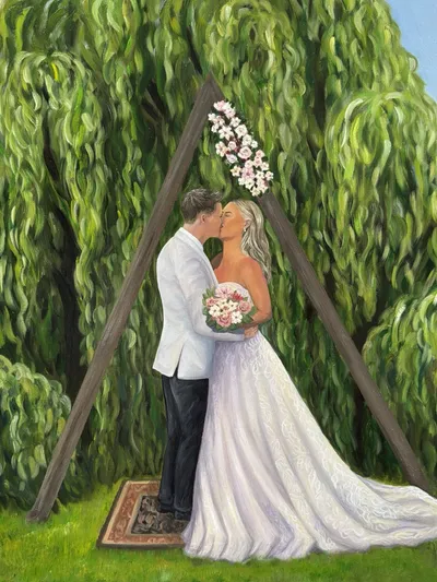 Oil live wedding painting of a couple kissing under a timber A-frame arbour before a weeping willow, by AJ Wedding Paintings