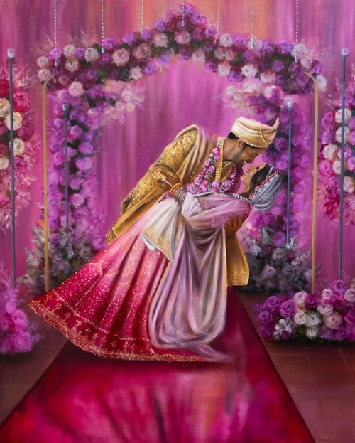 Oil painting of a bride and groom in South Asian wedding attire dipping beneath a pink floral arch, by Ashley Bunting Studio