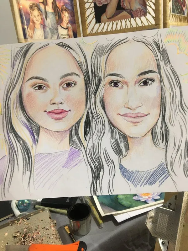 Coloured pencil live sketch portrait of two smiling young women with long dark hair, by Azarenko Art