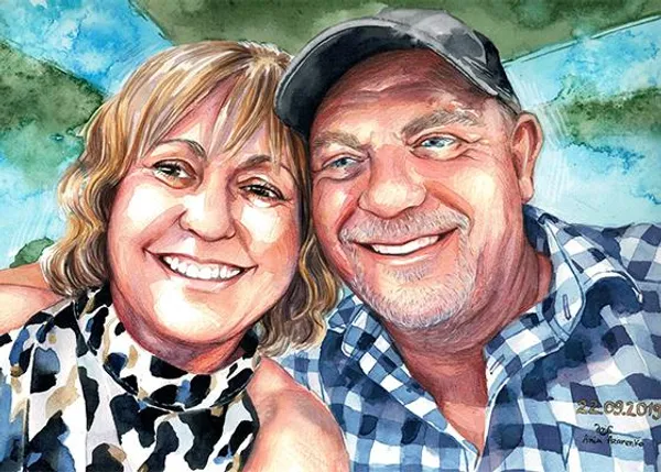 Watercolour portrait of a smiling couple, she in a leopard-print top and he in a checked shirt and cap, by Azarenko Art