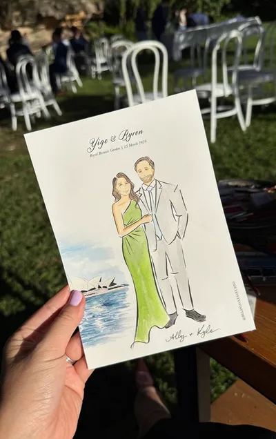 Watercolour guest portrait of a couple with an Opera House motif, drawn at Royal Botanic Garden Sydney, by Belinda Xia Studio