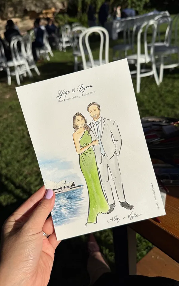 Watercolour guest portrait of a couple with an Opera House motif, drawn at Royal Botanic Garden Sydney, by Belinda Xia Studio