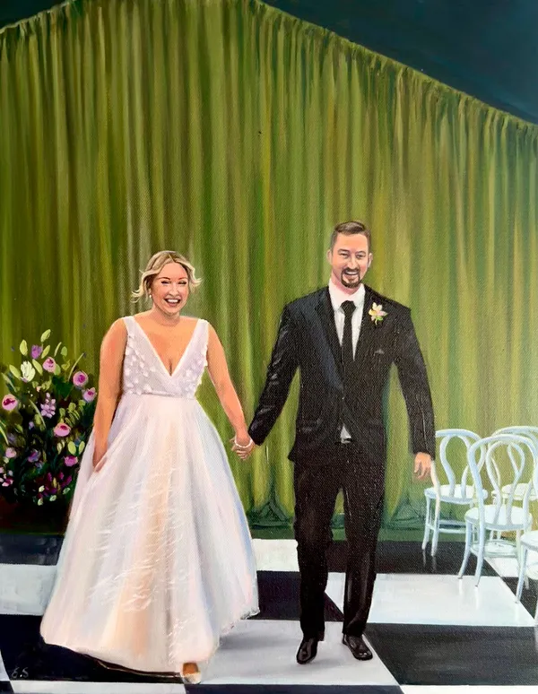Oil painting of a smiling bride and groom walking hand in hand past a green curtain and white chairs, by Brandi Salmon Art
