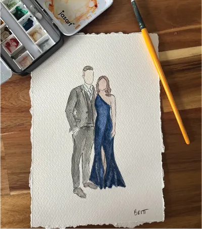 Faceless watercolour portrait of a guest couple in a grey suit and navy gown on deckled paper, by Britt Shoo Art