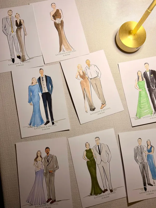 Live ink and marker fashion sketches of wedding guest couples on personalised name cards by Candy Ng Art