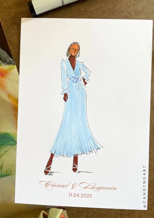 Live ink and marker fashion sketch of a wedding guest in a pale blue dress by Candy Ng Art