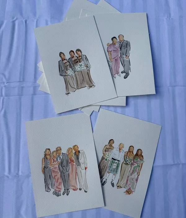 Faceless watercolour guest portraits of bridesmaids, couples and family groups on A5 cards, by Watercolour Guest Portraits