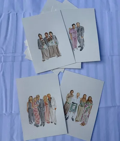 Faceless watercolour guest portraits of bridesmaids, couples and family groups on A5 cards, by Watercolour Guest Portraits