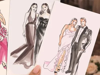 Fashion-style ink and marker wedding guest portraits of women in gowns and a couple by Crystal LH Studio