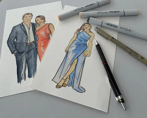 Watercolour and ink fashion sketches of wedding guests beside Copic markers and pens by Crystal LH Studio