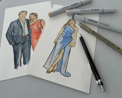 Watercolour and ink fashion sketches of wedding guests beside Copic markers and pens by Crystal LH Studio