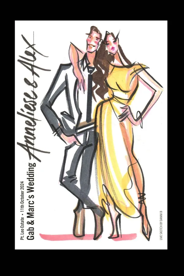 Live ink and marker fashion sketch of two wedding guests on a Point Leo Estate wedding card by Live Sketch by Danni B