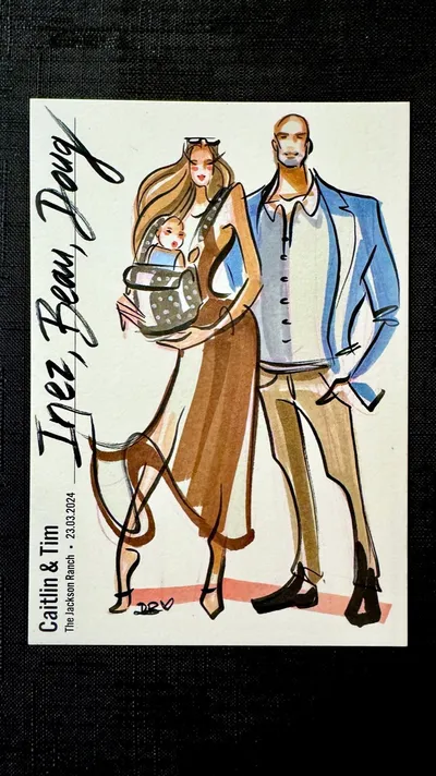 Live ink and marker fashion sketch of a family with a baby on a Jackson Ranch wedding card by Live Sketch by Danni B