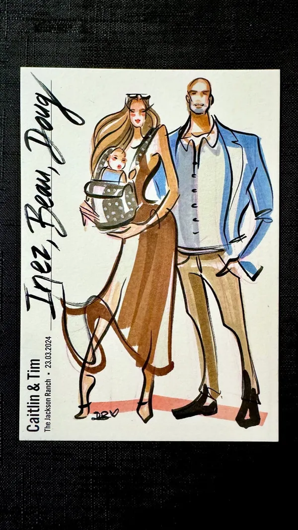 Live ink and marker fashion sketch of a family with a baby on a Jackson Ranch wedding card by Live Sketch by Danni B