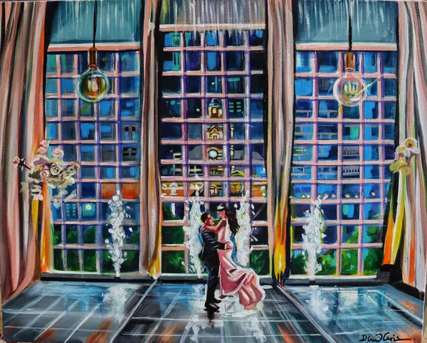 Live acrylic painting of a couple's first dance before tall city-view windows and spark fountains by Dina Gris Studio