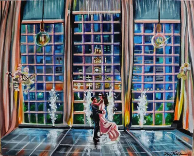 Live acrylic painting of a couple's first dance before tall city-view windows and spark fountains by Dina Gris Studio