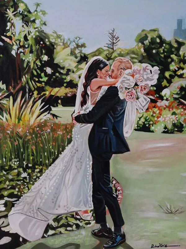 Live acrylic wedding painting of a couple embracing in a flower-filled garden by Dina Gris Studio