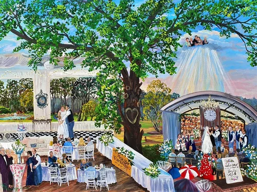 Colourful storybook-style wedding painting on canvas of the ceremony, first dance and guests beneath a tree, by Donna Gibb
