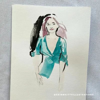 Live watercolour fashion portrait of a guest in a teal wrap top by Erin Whitty