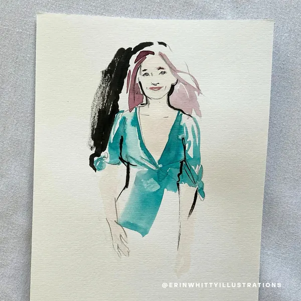 Live watercolour fashion portrait of a guest in a teal wrap top by Erin Whitty