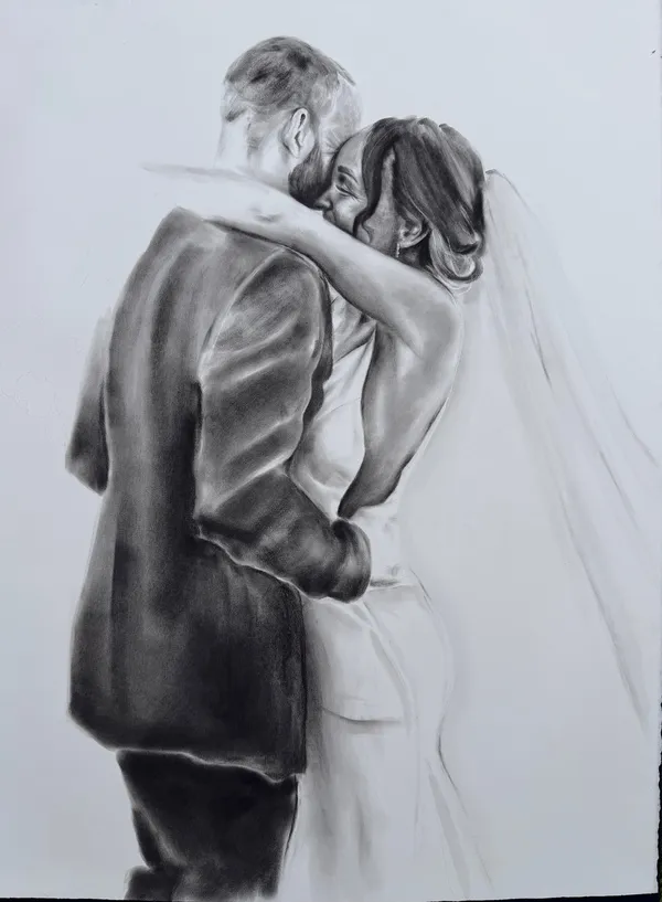 Charcoal drawing of a bride and groom embracing, seen from behind with her veil flowing, by Ever After Art Co.