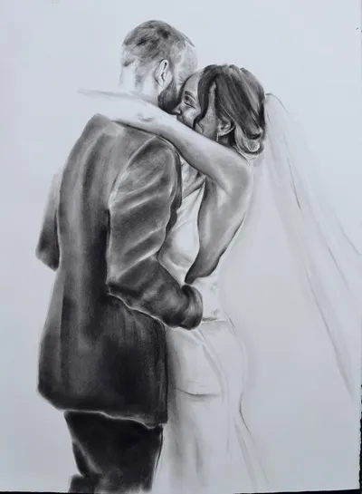 Charcoal drawing of a bride and groom embracing, seen from behind with her veil flowing, by Ever After Art Co.
