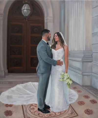 Live oil wedding painting of a couple at the carved doors of Parliament House Melbourne by The Fairytale Painter