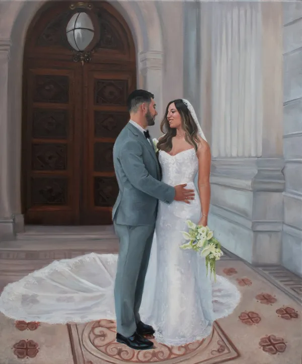 Live oil wedding painting of a couple at the carved doors of Parliament House Melbourne by The Fairytale Painter