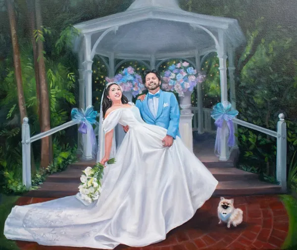 Live oil wedding painting of a laughing couple and their Pomeranian at a garden gazebo by The Fairytale Painter