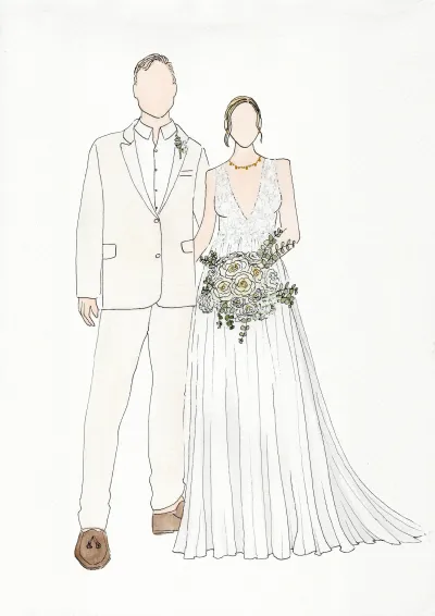 Watercolour illustration of a bride with a white rose and greenery bouquet and a groom in a cream suit by Rebecca Olson