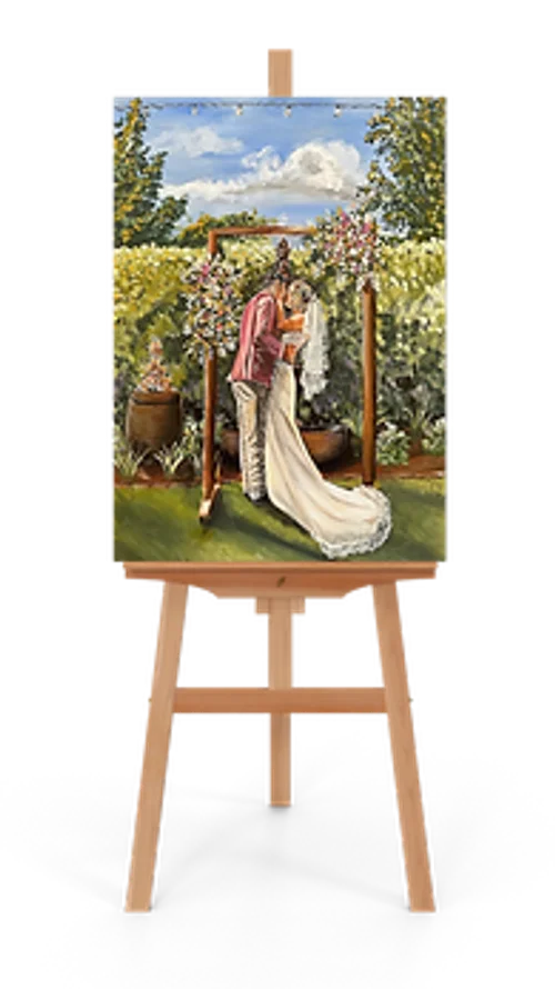 Acrylic wedding painting on an easel of a couple kissing under a floral arbour in a vineyard, by Art By Grace