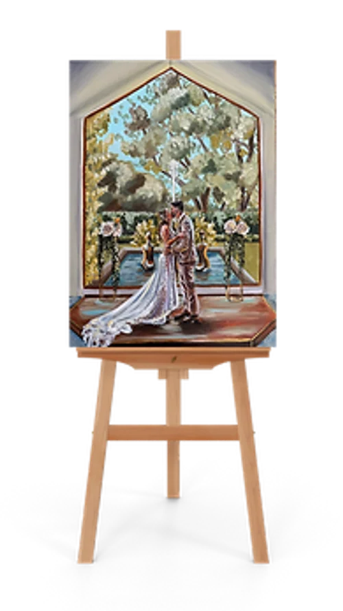 Acrylic wedding painting on an easel of a couple kissing before a gabled window with garden views, by Art By Grace