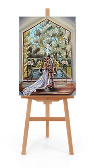 Acrylic wedding painting on an easel of a couple kissing before a gabled window with garden views, by Art By Grace