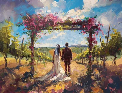 Thickly textured painting of a bride and groom under a floral arbour overlooking vineyard hills, by Iamamara Illustrations