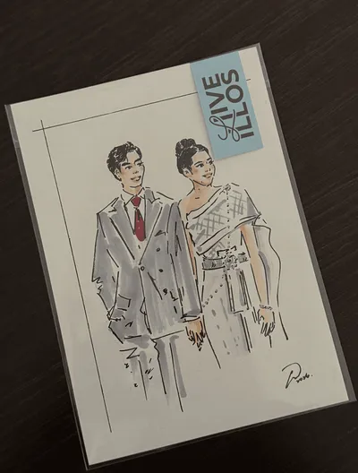 Live ink and marker sketch of a couple in a grey suit and embellished gown in a sleeve by LIVE ILLOS by Ives Wong