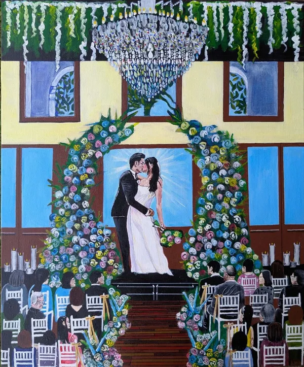 Colourful acrylic live wedding painting of a couple kissing under a floral arch and chandelier, by Jacintapaints