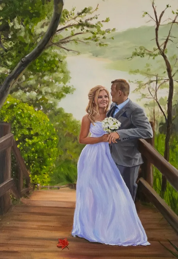 Wedding oil painting of a bride and groom on a wooden boardwalk above a misty valley by Katina Croft