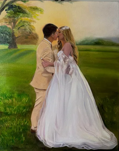 Oil painting of a bride and groom kissing on a sunlit lawn beneath trees at golden hour, by The Live Wedding Artist