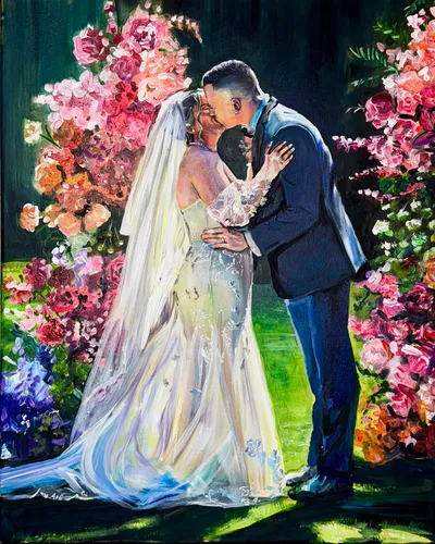 Acrylic live wedding painting of a bride and groom kissing between vivid pink floral arrangements, by Lauren I Ward