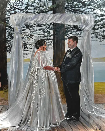 Acrylic live wedding painting of a couple exchanging vows under a draped arbour by pine trees and water, by Lauren I Ward