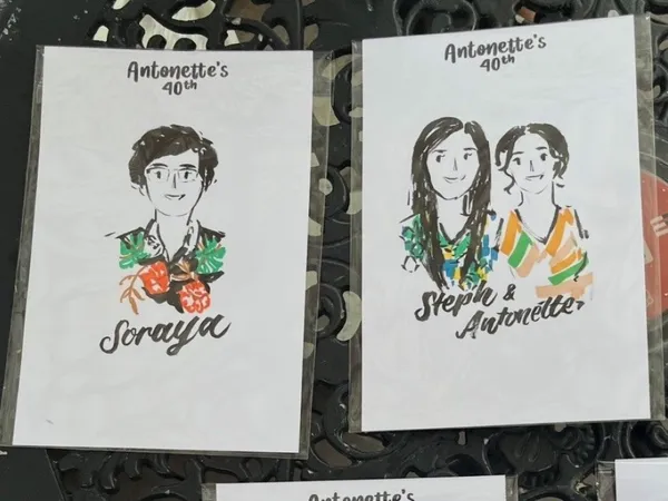 Brush-pen guest portrait sketches with bright marker colour on personalised 40th birthday cards, by Let Me Draw You