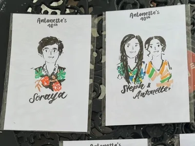 Brush-pen guest portrait sketches with bright marker colour on personalised 40th birthday cards, by Let Me Draw You