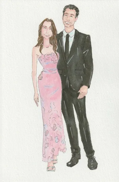 Watercolour fashion illustration of a guest couple in a pink gown and black suit by Lisa Adams of Lisa's Tiny Studio