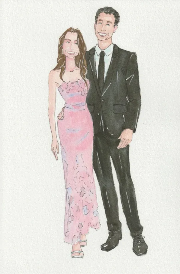 Watercolour fashion illustration of a guest couple in a pink gown and black suit by Lisa Adams of Lisa's Tiny Studio