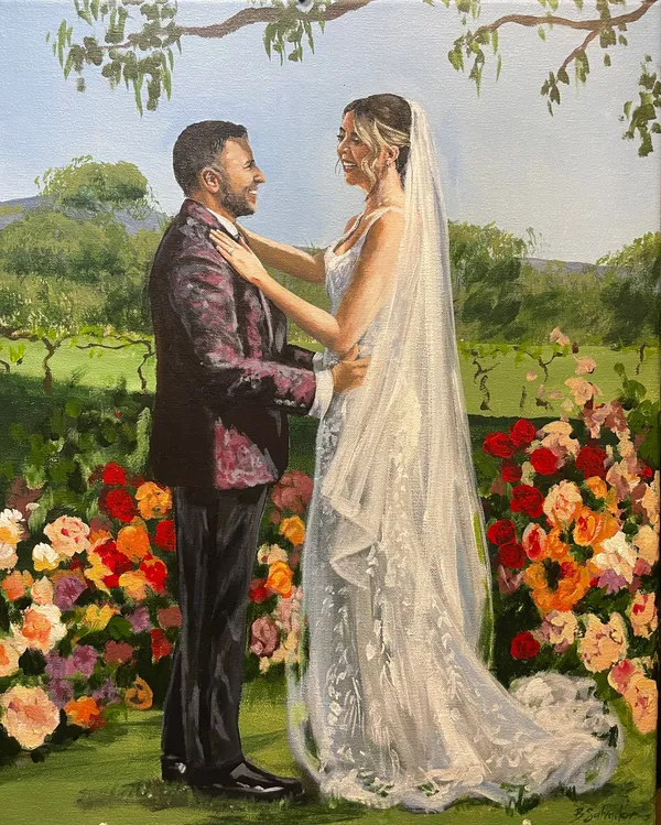 Live wedding painting of a bride and groom embracing before vivid flower arrangements in a vineyard, by Live Wedding Painting