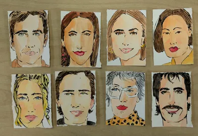 Watercolour and ink portraits of eight wedding guests' faces on deckle-edge cards by Make Art with Miranda
