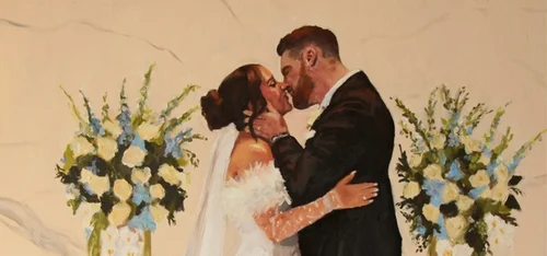 Oil painting of a bride and groom kissing between blue and white floral arrangements, by McKenzie The Wedding Painter