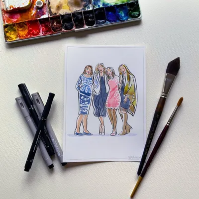 Ink wedding guest portrait coloured with markers of four women in party outfits by Megan Herbert