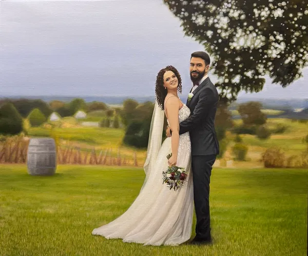 Realistic oil wedding painting of a bride and groom embracing on a lawn above vineyards and rolling hills, by Mina Lee