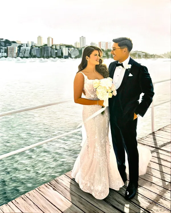 Realistic oil wedding painting of a couple on a timber wharf with harbourside apartments and moored boats, by Mina Lee